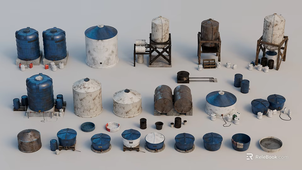 Assorted Blue And White Storage Barrels With Metal Frames And Small Containers 3d model 