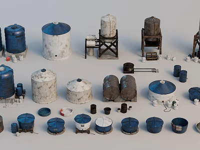 Assorted Blue And White Storage Barrels With Metal Frames And Small Containers 3d model