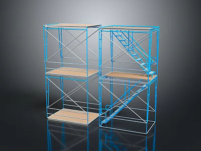 Modern Blue Metal Frame Storage Furniture With Multiple Wooden Platforms And Stairs 3d model