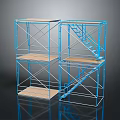 Modern Blue Metal Frame Storage Furniture With Multiple Wooden Platforms And Stairs