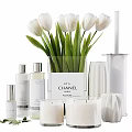 Stylish Decorative Accessories Set with Dried Flowers Green Plants Perfume Bottles Skincare Bottles and Vases