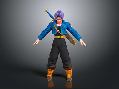 Anime Style Game Character With Purple Hair Blue Jacket Black Pants Yellow Boots And Weapon 3d model