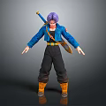 Anime Style Game Character With Purple Hair Blue Jacket Black Pants Yellow Boots And Weapon