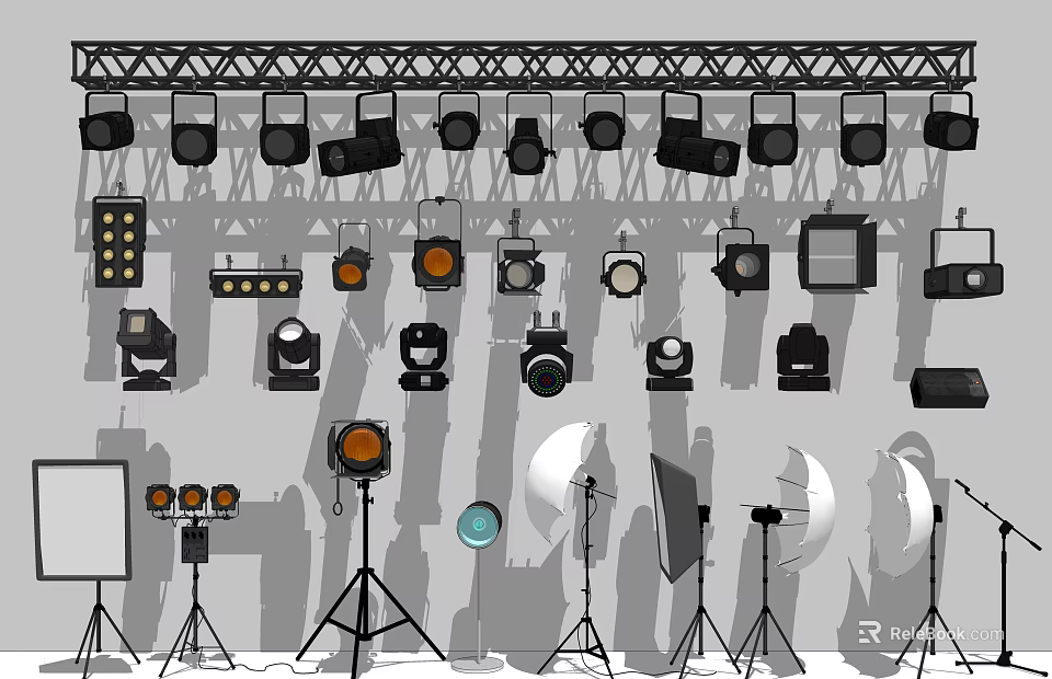 Projection Monitoring Equipment Setup With Cameras Projectors And Adjustable Stands In Studio 3d model 