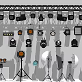 Projection Monitoring Equipment Setup With Cameras Projectors And Adjustable Stands In Studio