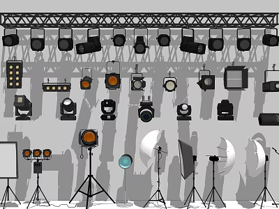 Projection Monitoring Equipment Setup With Cameras Projectors And Adjustable Stands In Studio 3d model