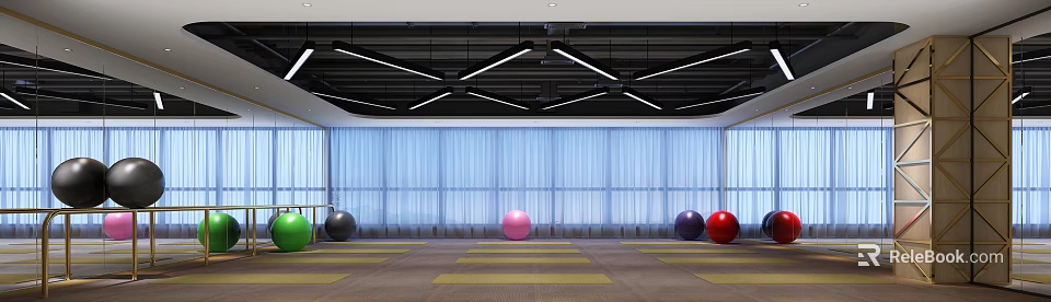 Fitness Studio With Colorful Exercise Balls Yellow Striped Floor Large Windows And Black Strip Lights 3d model 