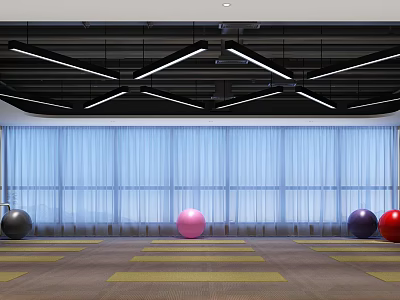 Fitness Studio With Colorful Exercise Balls Yellow Striped Floor Large Windows And Black Strip Lights 3d model