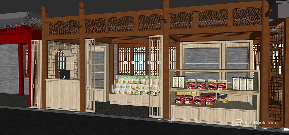 Chinese Style Shopping Mall Store With Wooden Structure Lattice Doors And Product Shelves 3d model 