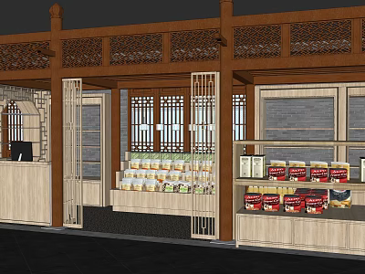Chinese Style Shopping Mall Store With Wooden Structure Lattice Doors And Product Shelves 3d model