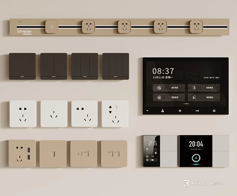 Modern Switch Panels In Beige Black White With Clock Display And Sleek Control Design 3d model