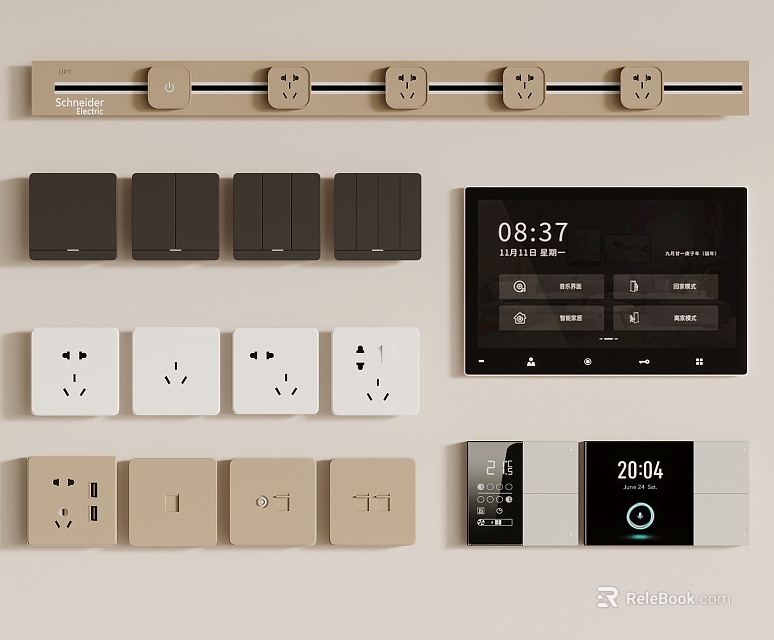 Modern Switch Panels In Beige Black White With Clock Display And Sleek Control Design 3d model 