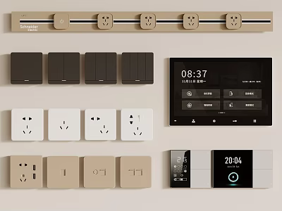 Modern Switch Panels In Beige Black White With Clock Display And Sleek Control Design 3d model