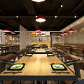 Modern Restaurant Interior With Red Pendant Lights Wooden Flooring And Green Plants