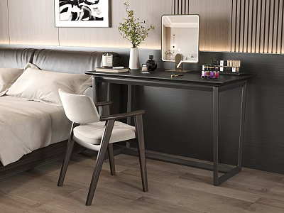 Black Dressing Table in Modern Bedroom with Mirror Vase Cosmetics and Light Chair 3d model