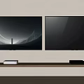 Wall Mounted Two TVs With Wooden Shelf And Devices In Living Room