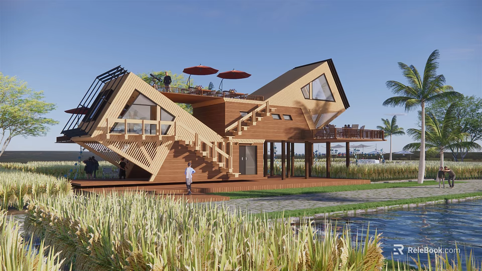 Rural Landscape Featuring Modern Wooden Building Sloped Roof Staircase Tall Grass Palm Trees Water Area 3d model 