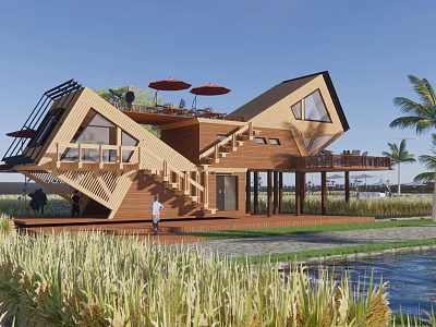 Rural Landscape Featuring Modern Wooden Building Sloped Roof Staircase Tall Grass Palm Trees Water Area 3d model