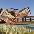 Rural Landscape Featuring Modern Wooden Building Sloped Roof Staircase Tall Grass Palm Trees Water Area