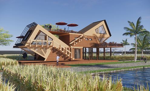 Modern Farm Holiday Wooden House Rice Field Restaurant Leisure Wooden House Picnic Internet Celebrity Farm Party Country Landscape Corridor Rice Base 3d model