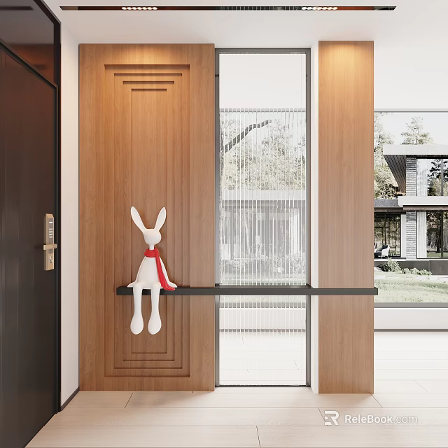 Modern Entryway Hallway Interior with Wooden Door Glass Partition and Rabbit Decor with Red Scarf 3d model 