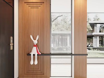 Modern Entryway Hallway Interior with Wooden Door Glass Partition and Rabbit Decor with Red Scarf 3d model