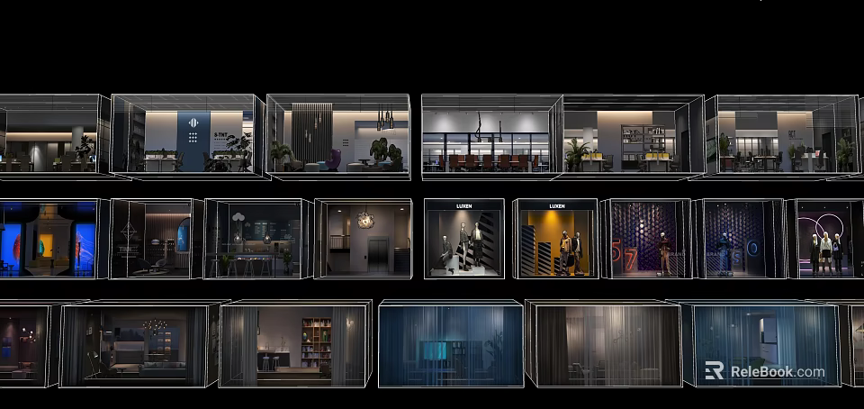 Multiple Showcase Displays Featuring Modern Interior Design And Various Lighting Decor Elements 3d model 
