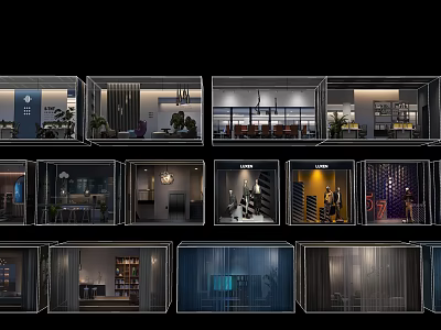 Multiple Showcase Displays Featuring Modern Interior Design And Various Lighting Decor Elements 3d model