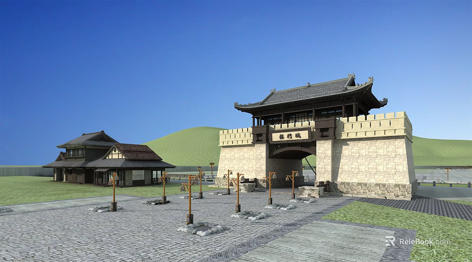 Ancient Chinese Architecture With Traditional City Gate Tower Stone Plaza And Surrounding Buildings 3d model 