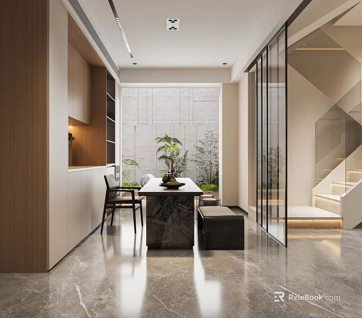 Modern Bright Dining And Living Space With Marble Flooring Built In Cabinets And Natural Greenery 3d model 