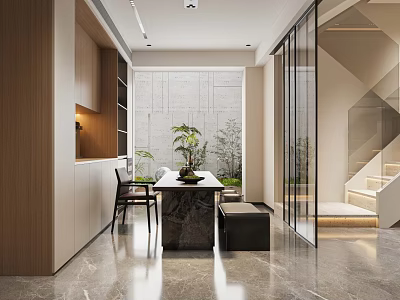 Modern Bright Dining And Living Space With Marble Flooring Built In Cabinets And Natural Greenery 3d model