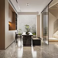 Modern Bright Dining And Living Space With Marble Flooring Built In Cabinets And Natural Greenery