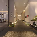 Modern Elevator Hallway With Decorative Paintings Green Plants And Dark Tiled Floor