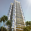 Modern High Rise Building Exterior Design With Glass Windows Balconies And Palm Trees