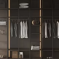 Sleek Modern Glass Door Wardrobe Interior With Hanging Shirts Folded Clothes And LED Lighting