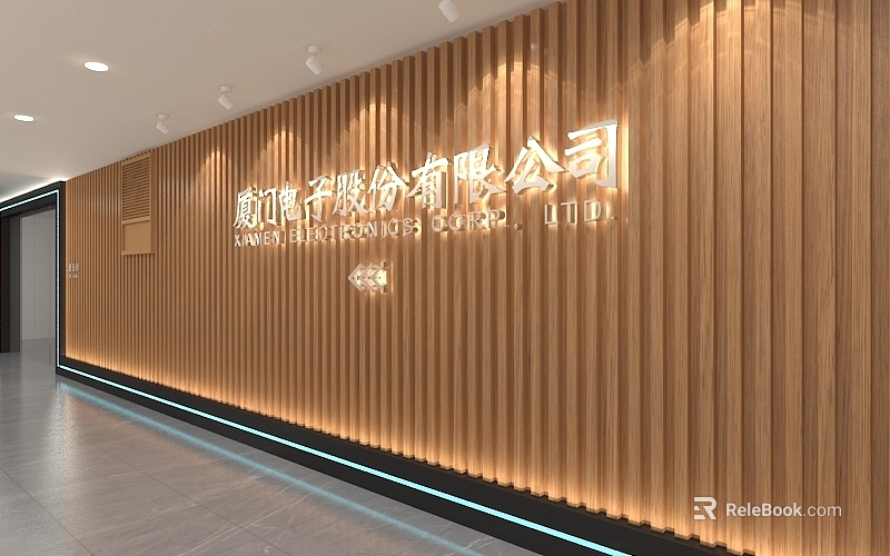 Modern Office Corridor Featuring Wooden Vertical Panel Wall Blue Strip Lighting and Company Logo 3d model 