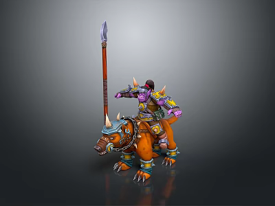 Warrior Character Riding Orange Horned Spiked Bear With Purple Yellow Armor And Spear 3d model
