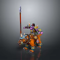 Warrior Character Riding Orange Horned Spiked Bear With Purple Yellow Armor And Spear