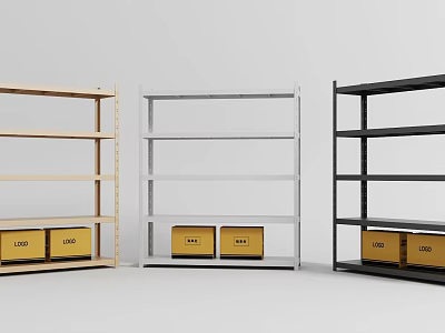 Light Wood White and Black Display Shelves with Yellow Logo Boxes for Retail Storage 3d model
