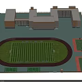 Large Green Football Field With Red Running Track And Surrounding School Buildings