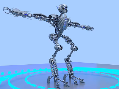 Silver Mechanical Robot Doll with Articulated Joints Standing on Light Blue Base with Circular Halo 3d model