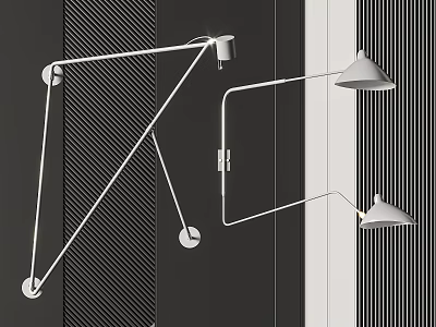 Modern Wall Lamps with Adjustable Metal Arms and Cone Shaped Shades Mounted on Striped Wall Background 3d model