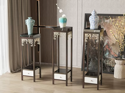 Delicate Vases With Flowers On Ornate Wooden Stands With Drawers For Living Room Interior Decor 3d model