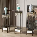 Delicate Vases With Flowers On Ornate Wooden Stands With Drawers For Living Room Interior Decor