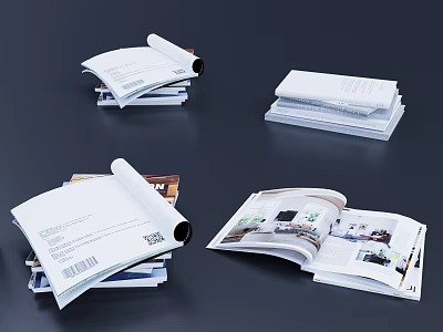 Open And Stacked Books Magazines Featuring Interior Design Pages And 3d model