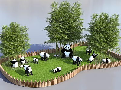 Pandas Playing On Green Grassland With Bamboo Trees And Wooden Fence 3d model