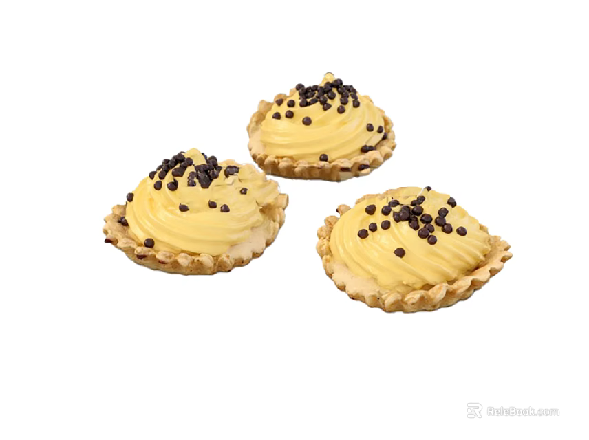 Three Delicious Tarts With Yellow Cream Topping And Chocolate Sprinkles On Flaky Crust 3d model 