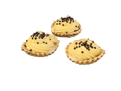 Three Delicious Tarts With Yellow Cream Topping And Chocolate Sprinkles On Flaky Crust 3d model