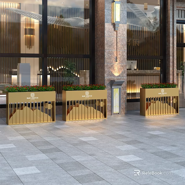 Golden Outdoor Garden Planters With Green Plants Red Flowers And Grille Design 3d model 