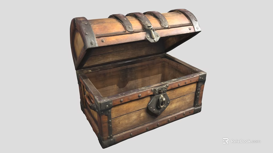 Vintage Wooden Chest Open Lid with Spacious Interior Metal Hardware and Leather Straps 3d model 